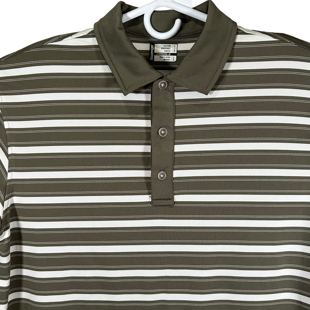 Slazenger Mens Golf Polo Shirt Large Olive Green White Striped Wicking Stretch